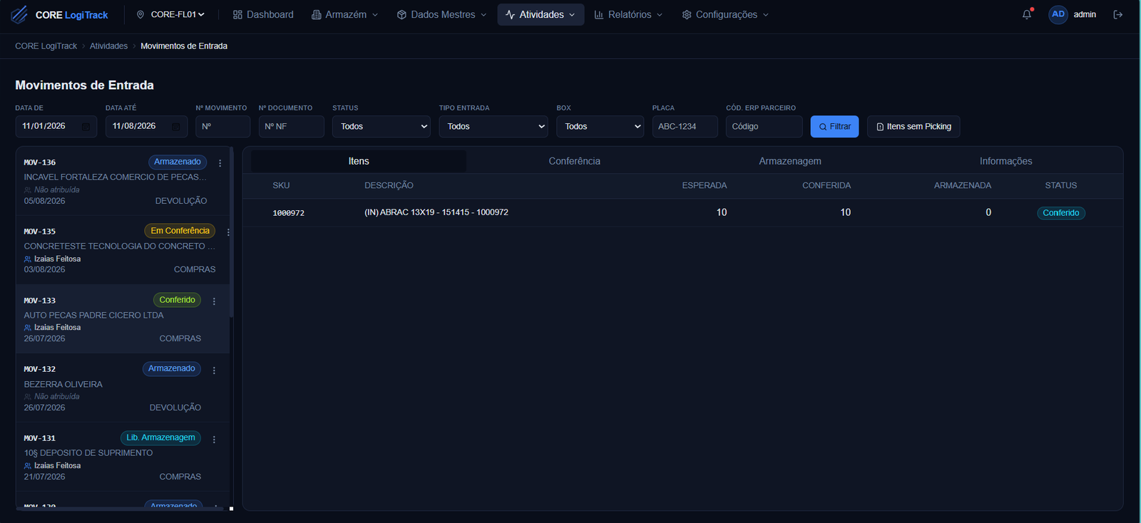 Tela de Movimentos de Entrada do CORE LogiTrack — cada movimento é uma tarefa com status e operador responsável